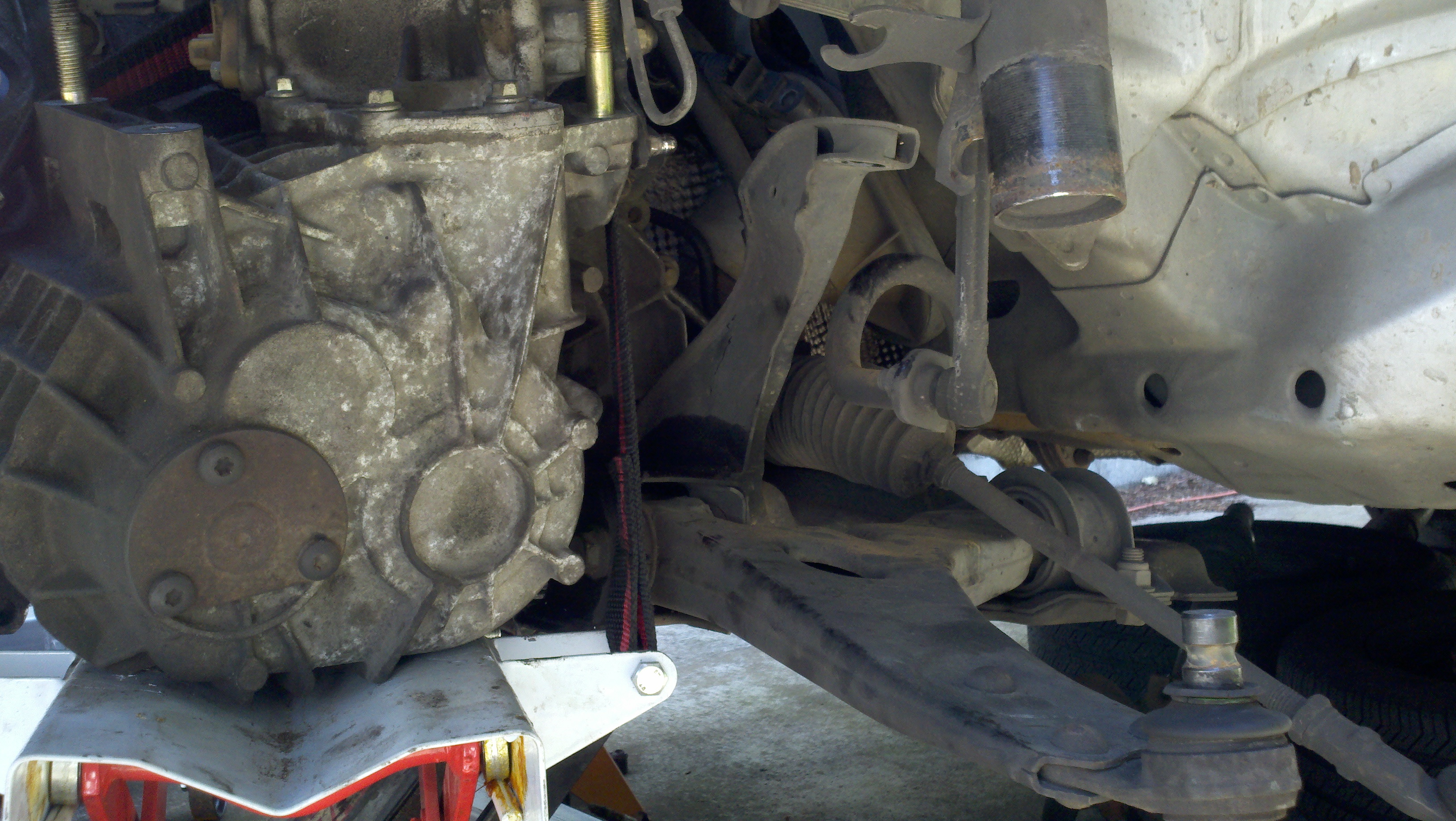The trans is about halfway lowered in this shot, this is about how far down the subframe needs to be to get the trans in and out without having to make ...